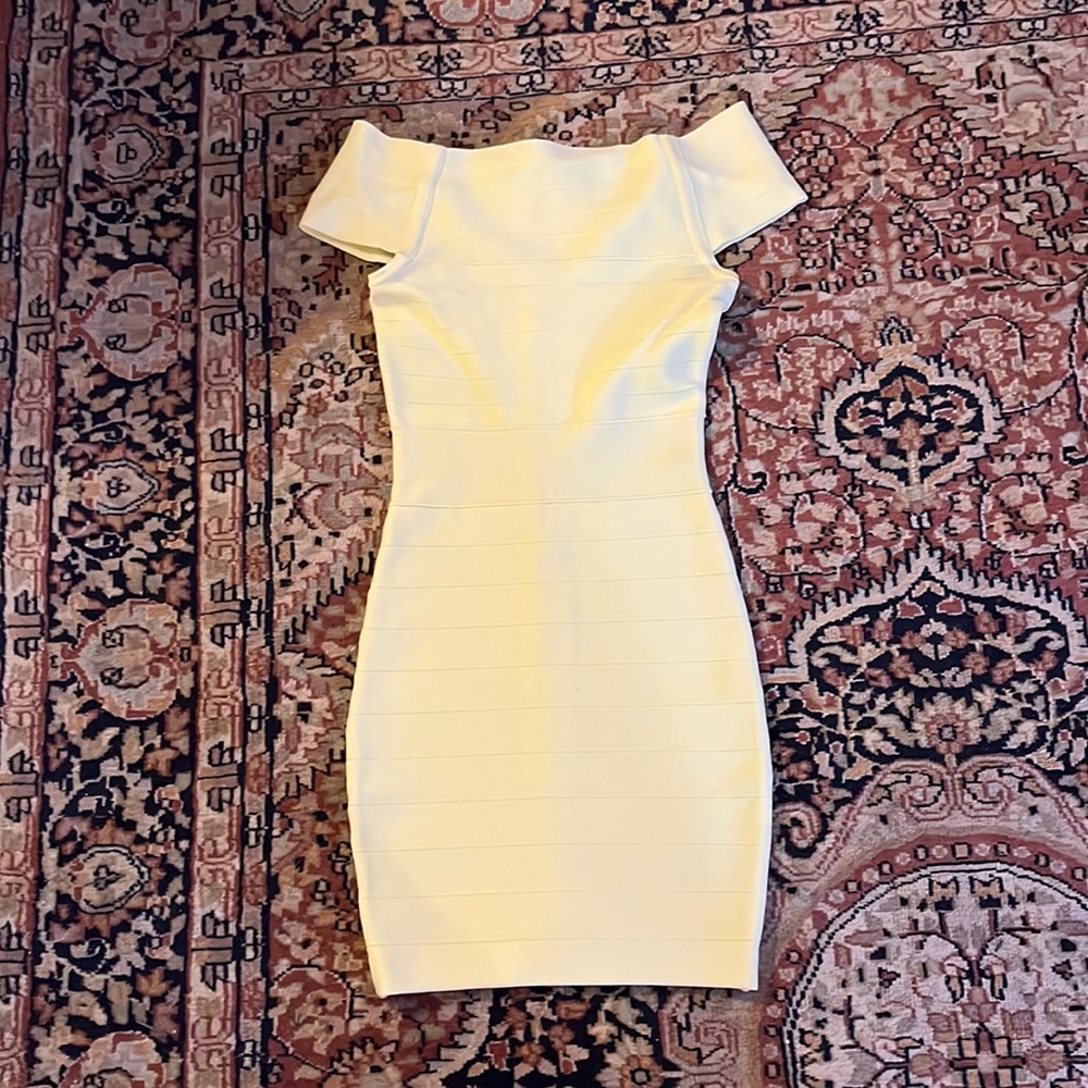 Marciano Pastel Yellow Off the Shoulder Bandage Dress